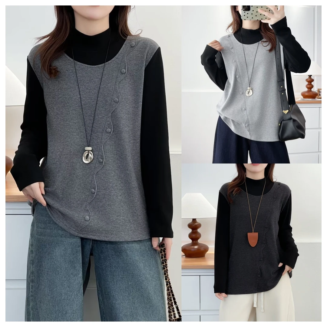 加绒显瘦大板型拼接T恤宽松型内搭常规款女长袖半高领打底衫冬季