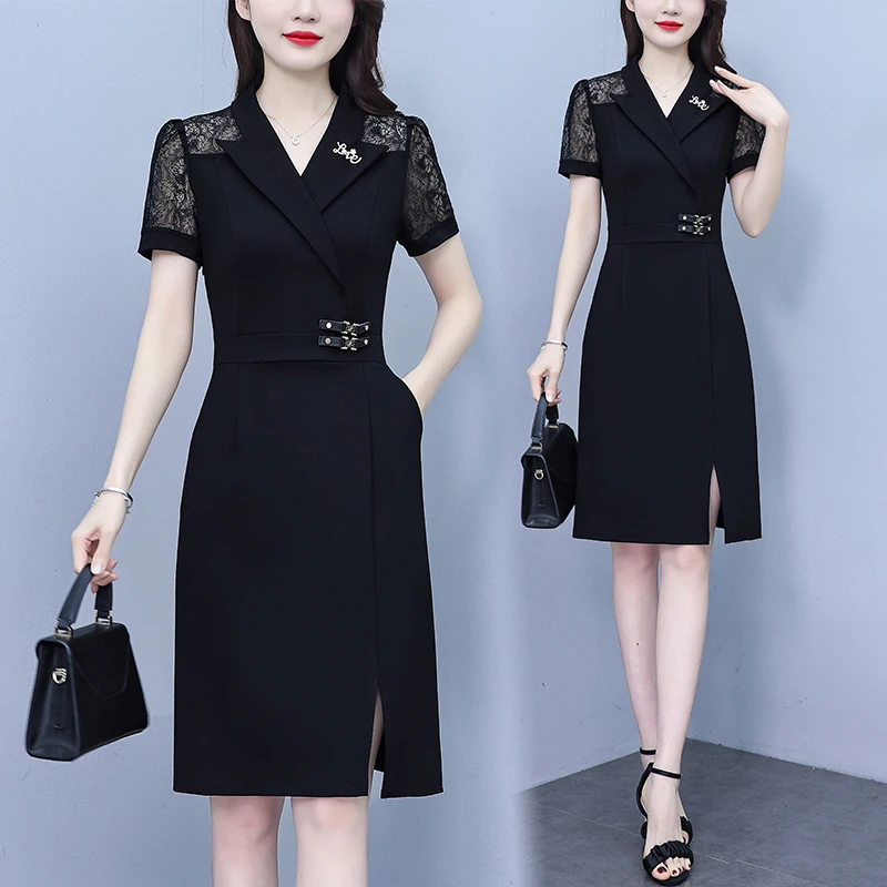 高端气质2025夏新款大码女装时尚气质减龄修身显瘦蕾丝拼接连衣裙