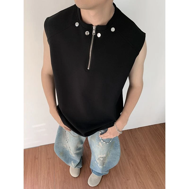 2025夏季新款美式半拉链正肩黑色背心男士铆钉设计感无袖坎肩t恤