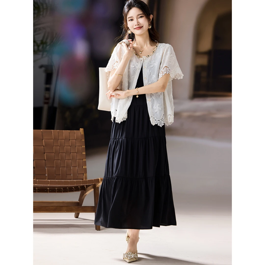 高端时尚钉珠雪纺连衣裙女夏季新款小香风气质蕾丝开衫长裙两件套