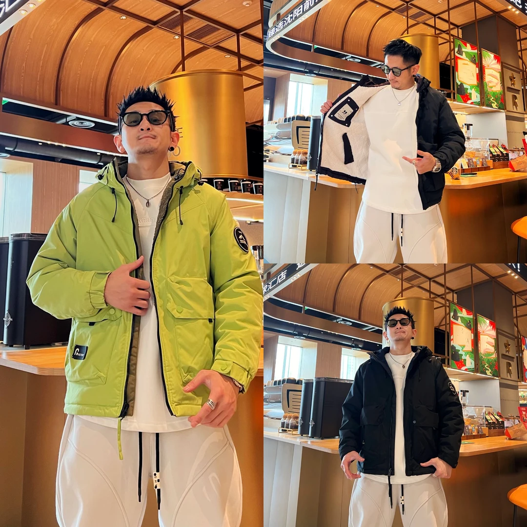 冬季新款百搭时尚简约休闲潮流个性纯色连帽宽松保暖双面穿棉服