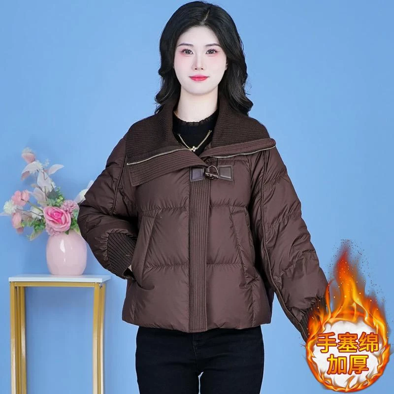 欧洲站针织翻领棉服女2024年冬季新款面包服保暖加厚棉衣短款外套