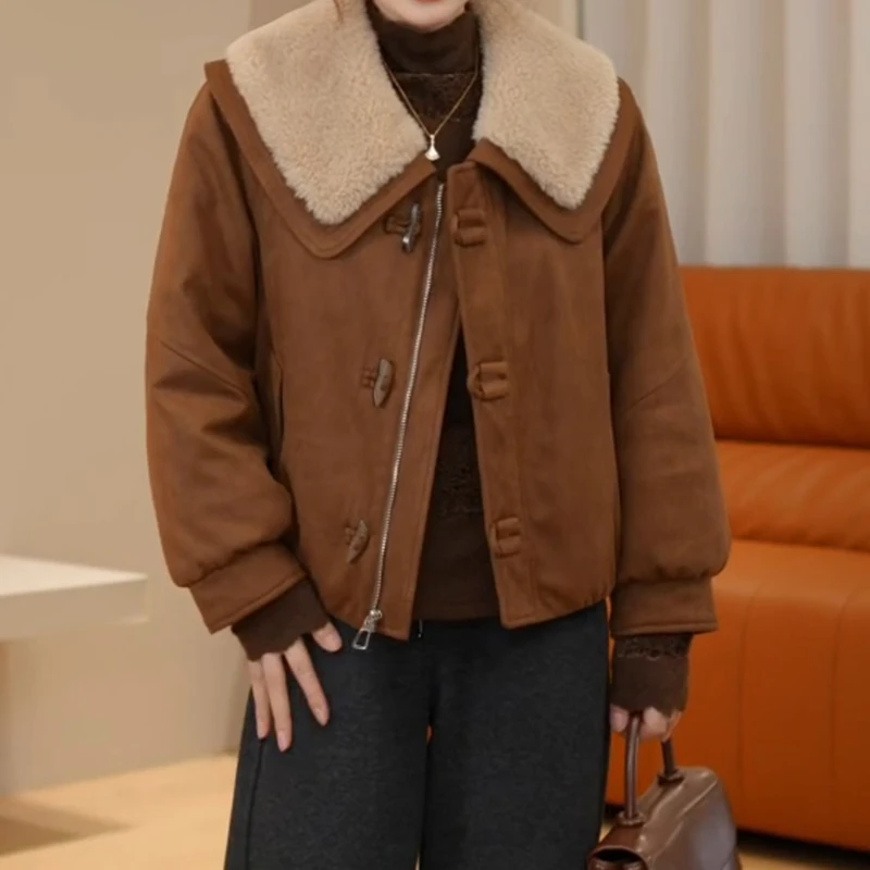 娃娃领羊羔毛短款外套女加绒加厚冬季2025新款小个子保暖时尚棉衣