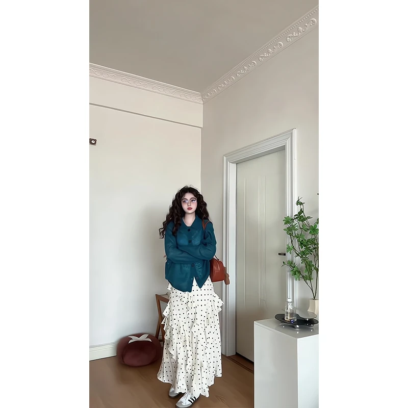 2025新款女士早春季复古慵懒风小众设计感针织开衫高腰宽松半身裙