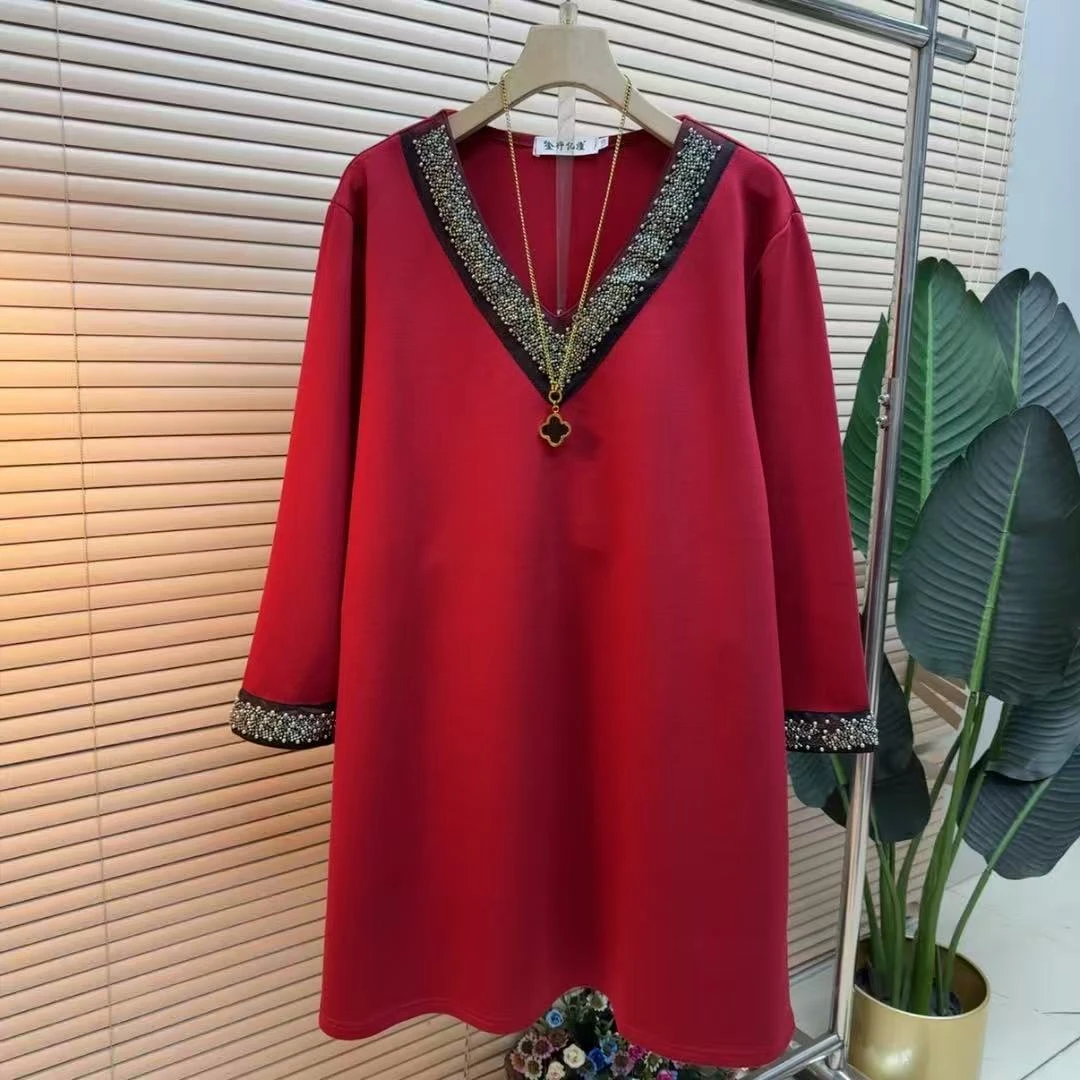 胖mm欧货时尚气质韩版法式简约v领3633时髦轻奢简约女人大衫裙