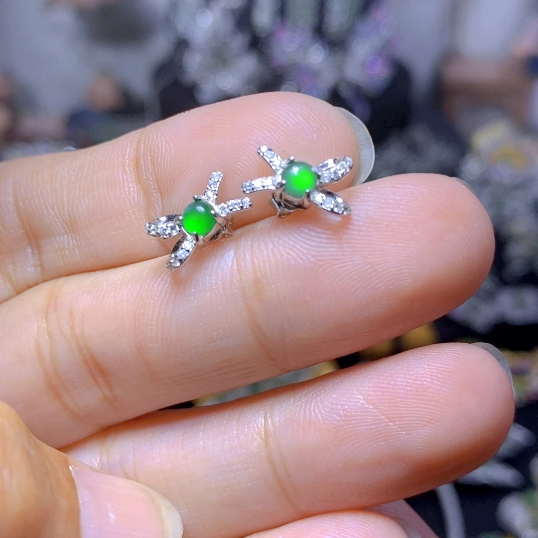 翡翠银S925镶嵌耳饰天然翡翠