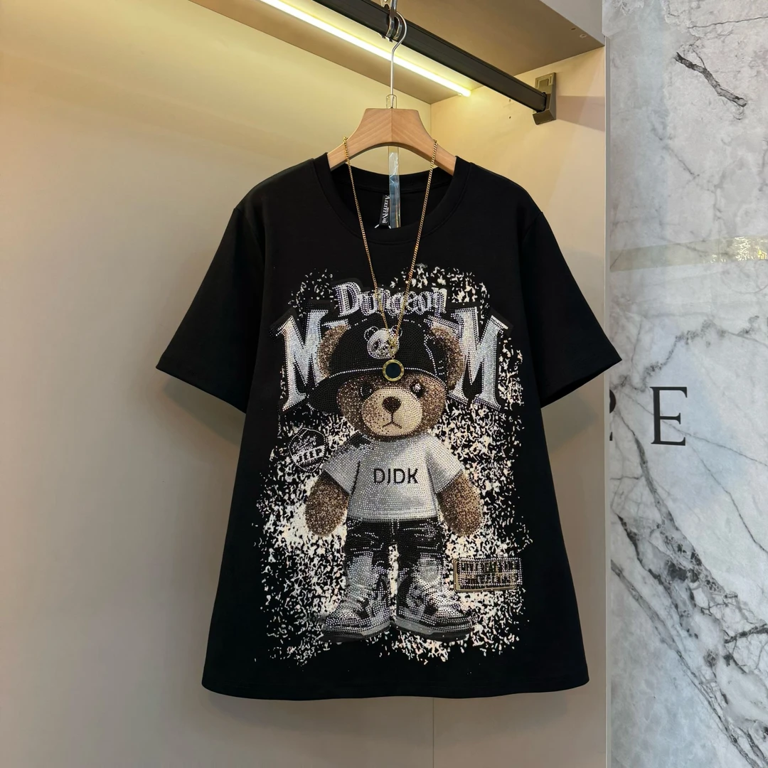 2025秋冬设计感宽松显瘦满钻小熊简约卡通休闲短袖百搭上衣8838