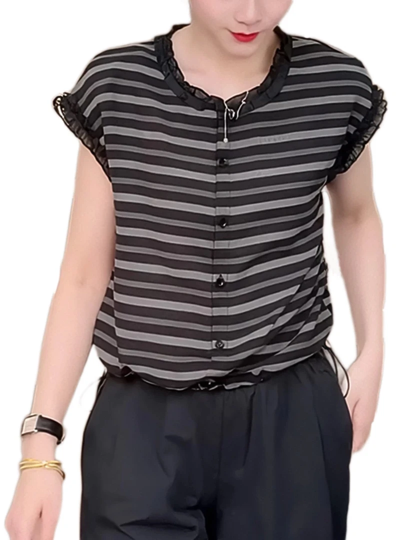 6625夏新款女休闲圆领木耳边无袖条纹宽松T恤时髦洋气设计感