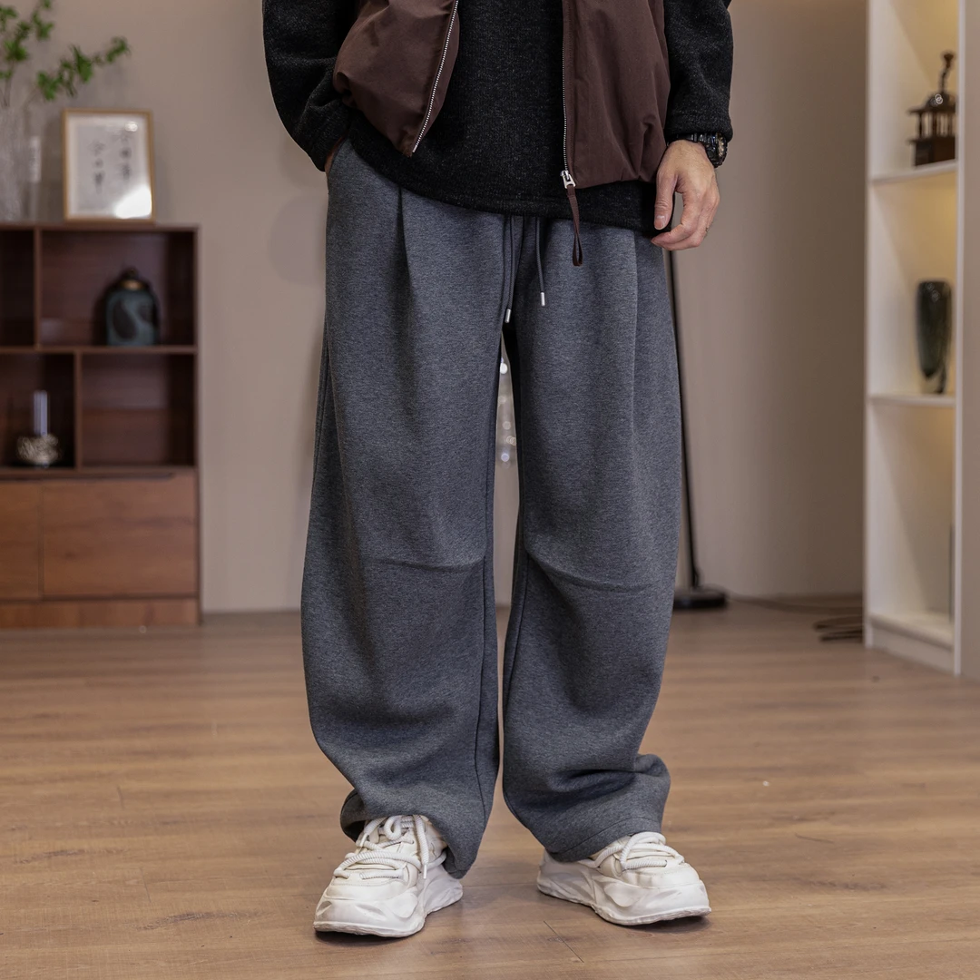 宽松简约休闲裤男秋冬新款加绒运动卫裤抽绳直筒弯刀垂感裤子