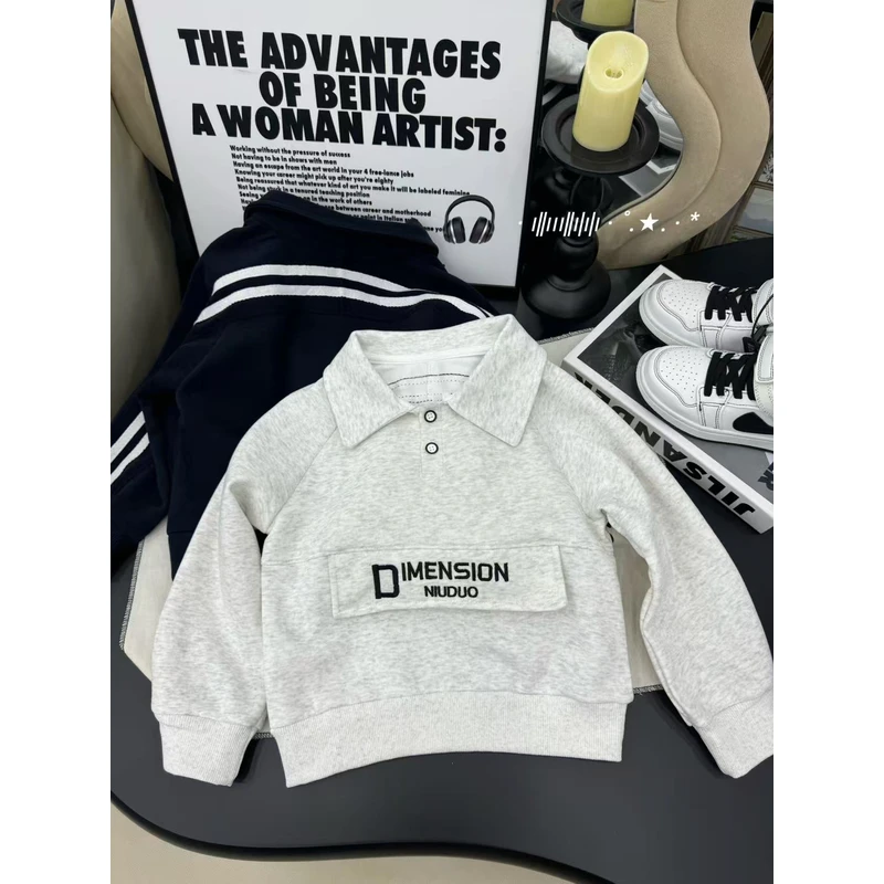 秋上新./【美式机车】儿童美式刺绣机车风翻领卫衣4607