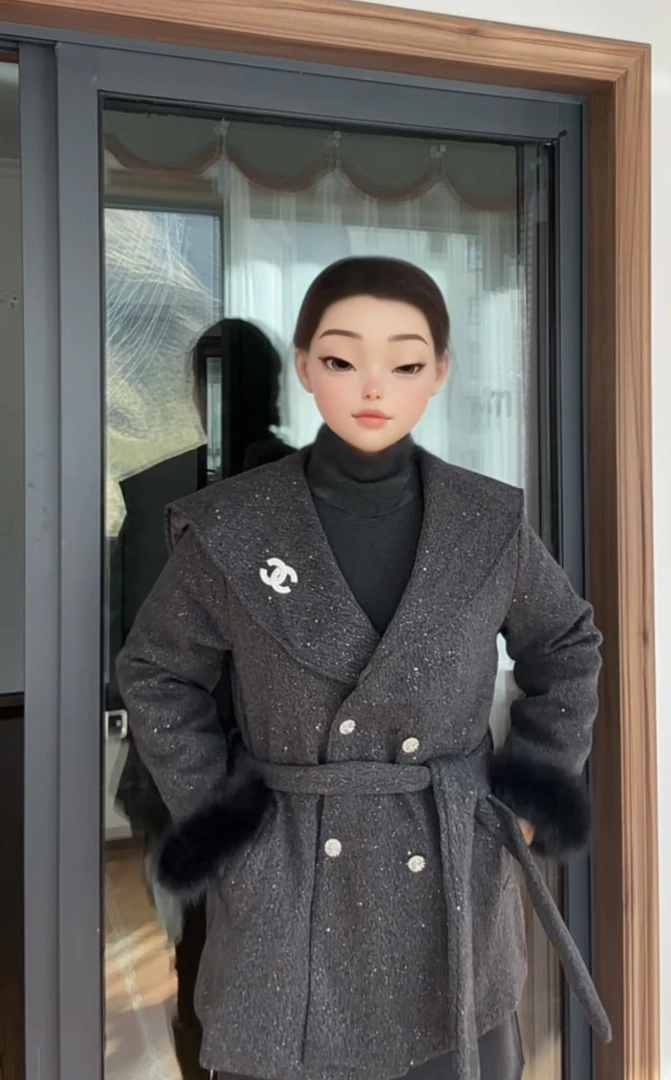 （应拉）毛绒袖套带腰带小香风带披风款气质