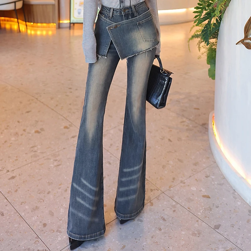 设计感贴紧身腿喇叭裤2025春秋新款复古两件微喇牛仔裤女时尚百搭