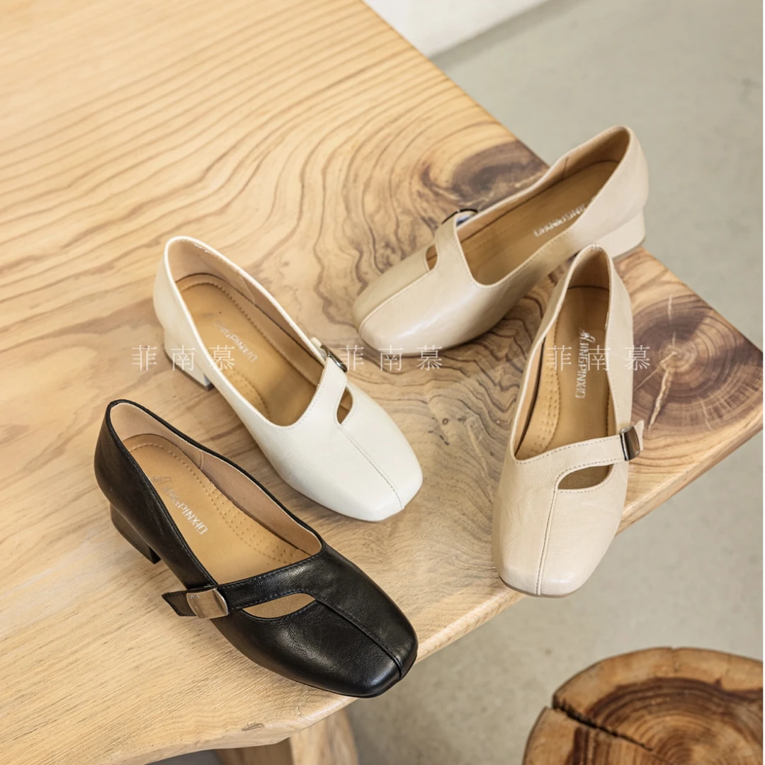 菲南慕女士舒适简约2025气质优雅法式方头粗跟套脚时装单鞋856