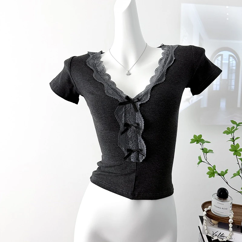 （浠儿家）设计感短袖t恤女夏季纯欲辣妹修身正肩短款蝴蝶结上衣