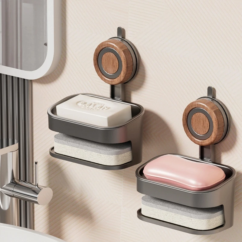 【佳立方】吸盘木纹肥皂盒浴室吸盘香皂置物架家用高档沥水海绵皂架