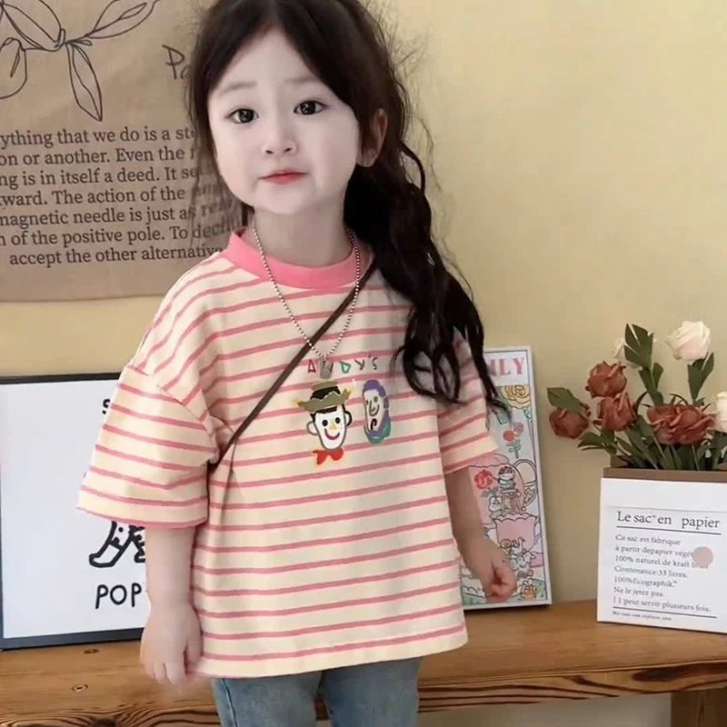 100%棉韩版女童宝宝条纹儿童短袖T恤新款洋气可爱卡通印花上衣潮