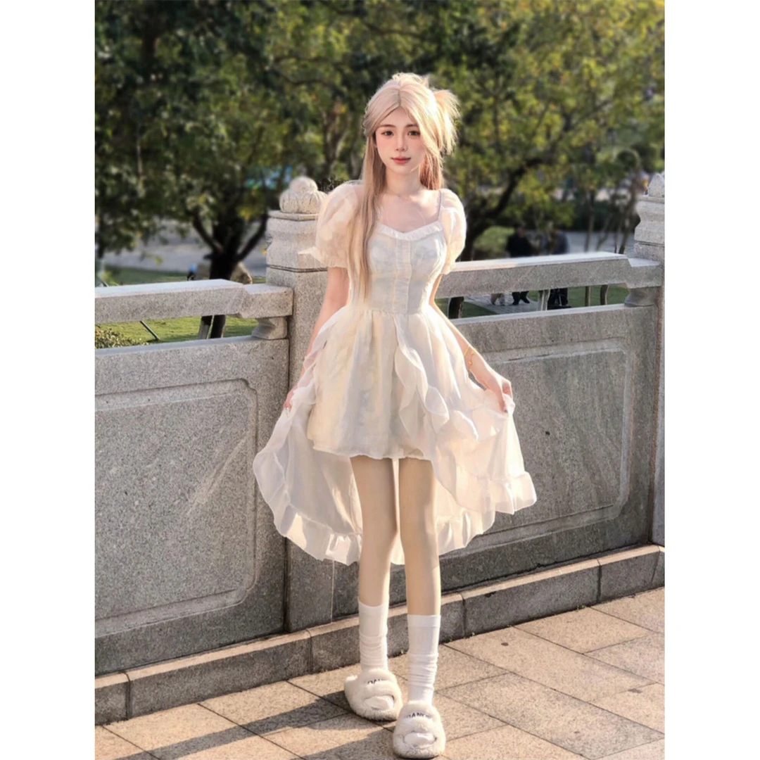 韩系设计感重工不规则前短后长裙摆夏季收腰超仙显瘦公主裙女学生