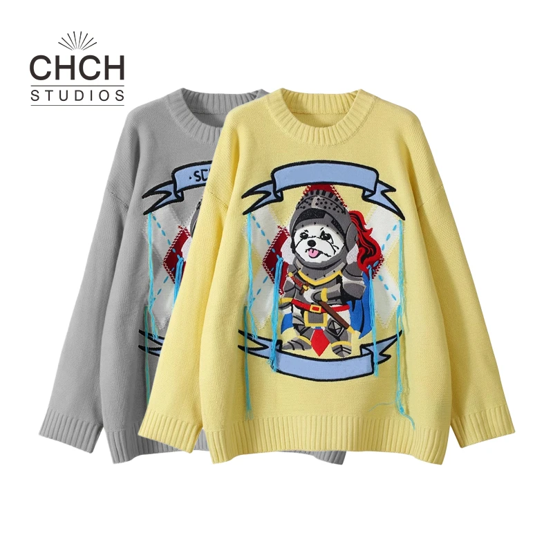 RAQKS12432骑士小狗刺绣针织毛衣秋冬新款宽松圆领上衣男女同款