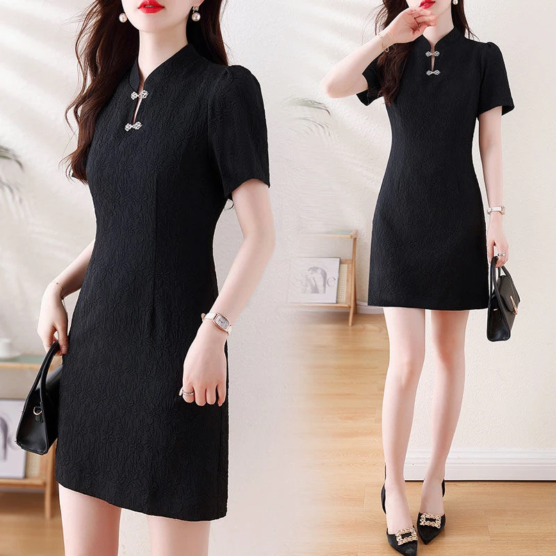 改良中式旗袍连衣裙2025夏季新款复古风修身显瘦气质盘扣中长裙立