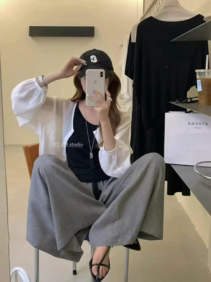 夏季新款小衫搭配显瘦百搭背心阔型休闲裤三件套