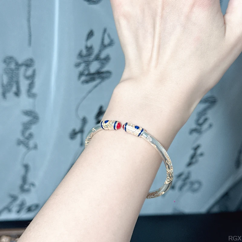 银手镯吉言描金手镯女9999银珐琅彩开口银镯子送女友