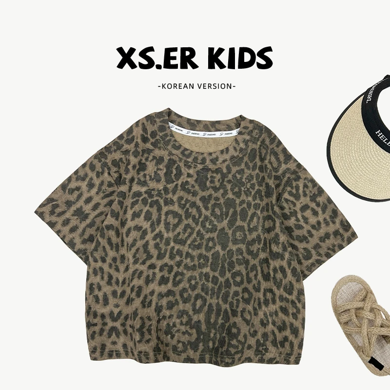 【小首尔】夏装儿童韩版时尚复古豹纹满印宽松圆领短袖T恤HBB7444