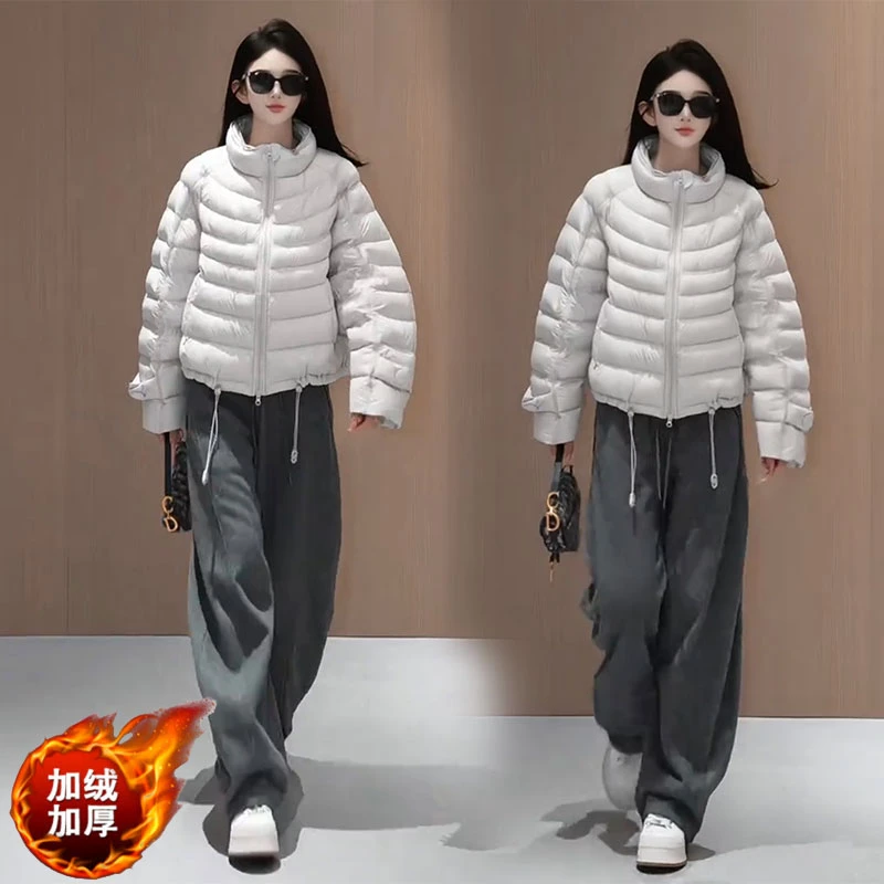 立领减龄宽松加厚款长袖棉服外套松紧腰加绒阔腿休闲裤子两件套装