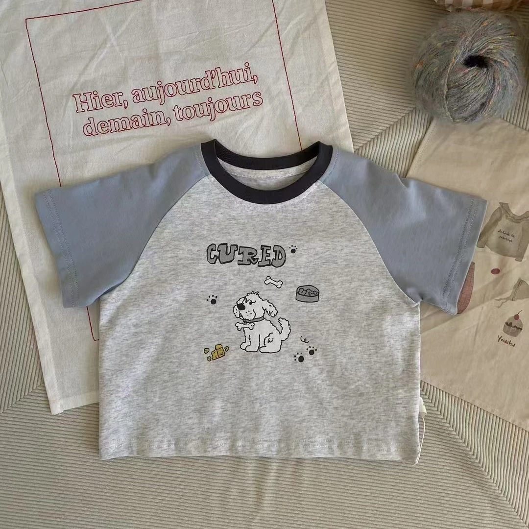 CS151-童装男童插肩卡通小狗短袖夏季新款儿童宝宝T恤棉洋气