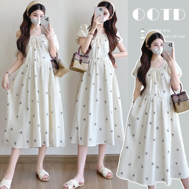 2025孕妇装夏季新款法式碎花泡泡袖孕妇蝴蝶结印花连衣裙