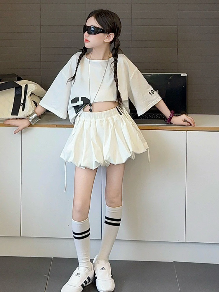 女童夏季套装2025新款儿童洋气时髦短袖T恤小女孩花苞裙两件套