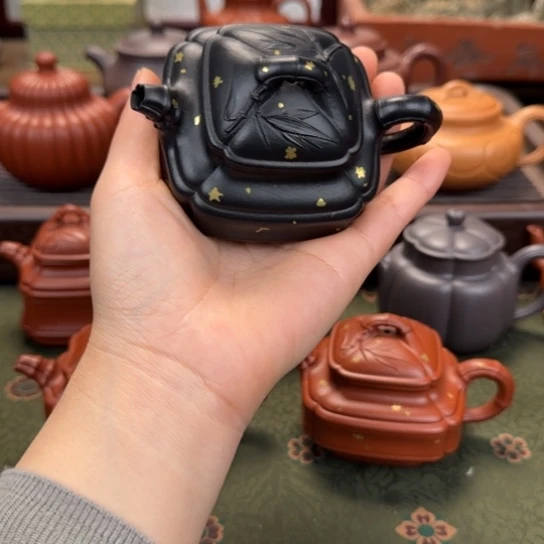 四方隐角竹鼓焐灰洒金