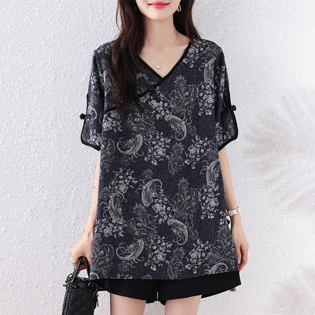 2025年夏装新款时尚国风宽松型胖MM洋气小衫气质T恤显瘦大码上衣