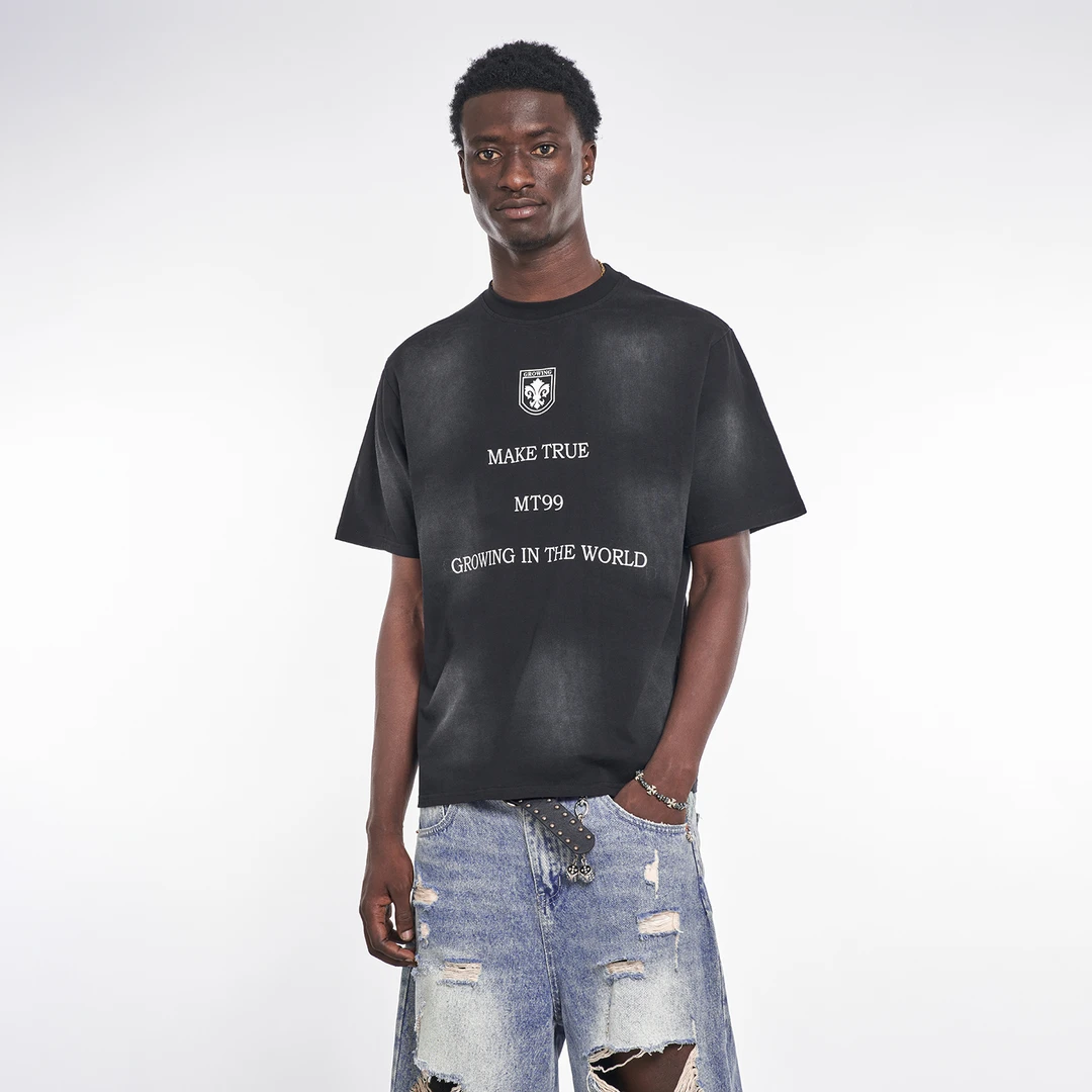 MT99 【复古废土风】渐变做旧水洗短袖T恤男夏季美式休闲宽松体恤