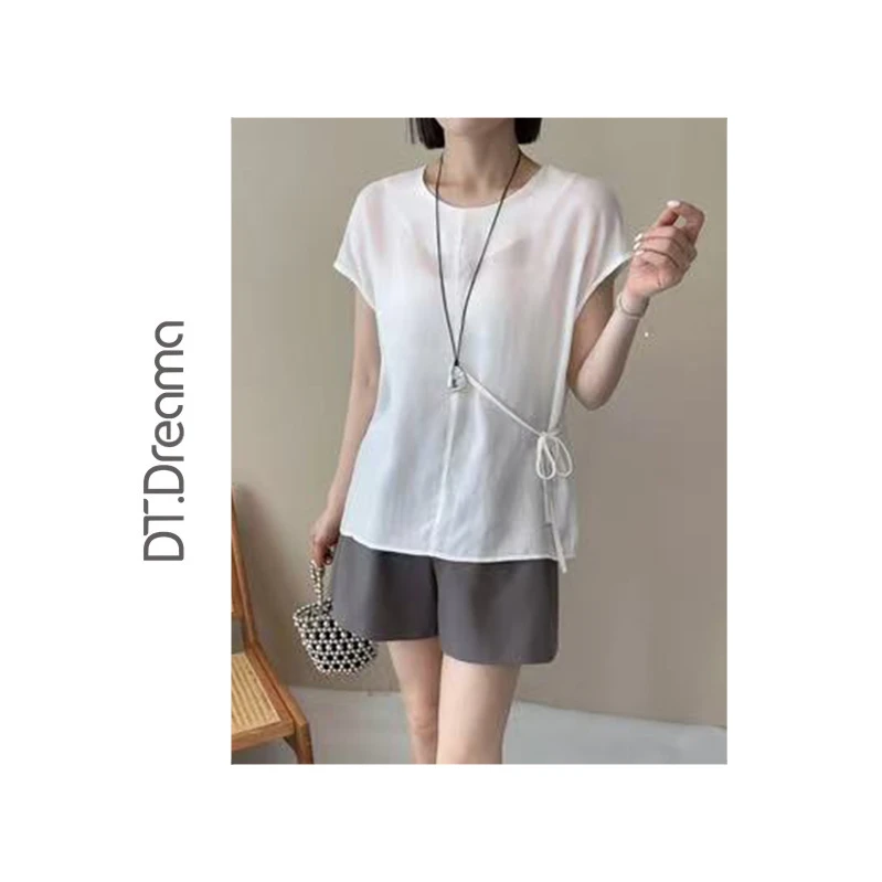 夏新款设计款百搭显瘦侧边腰系带半袖套头小衫休闲上衣时尚洋气