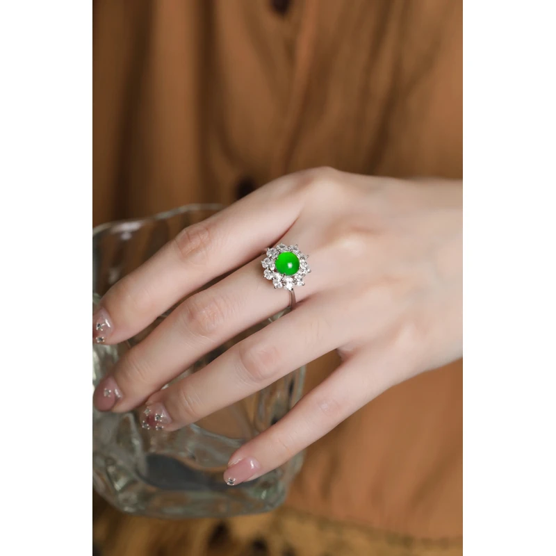 天然A货翡翠蛋面戒指S925银镶嵌开口戒设计时尚危地马拉