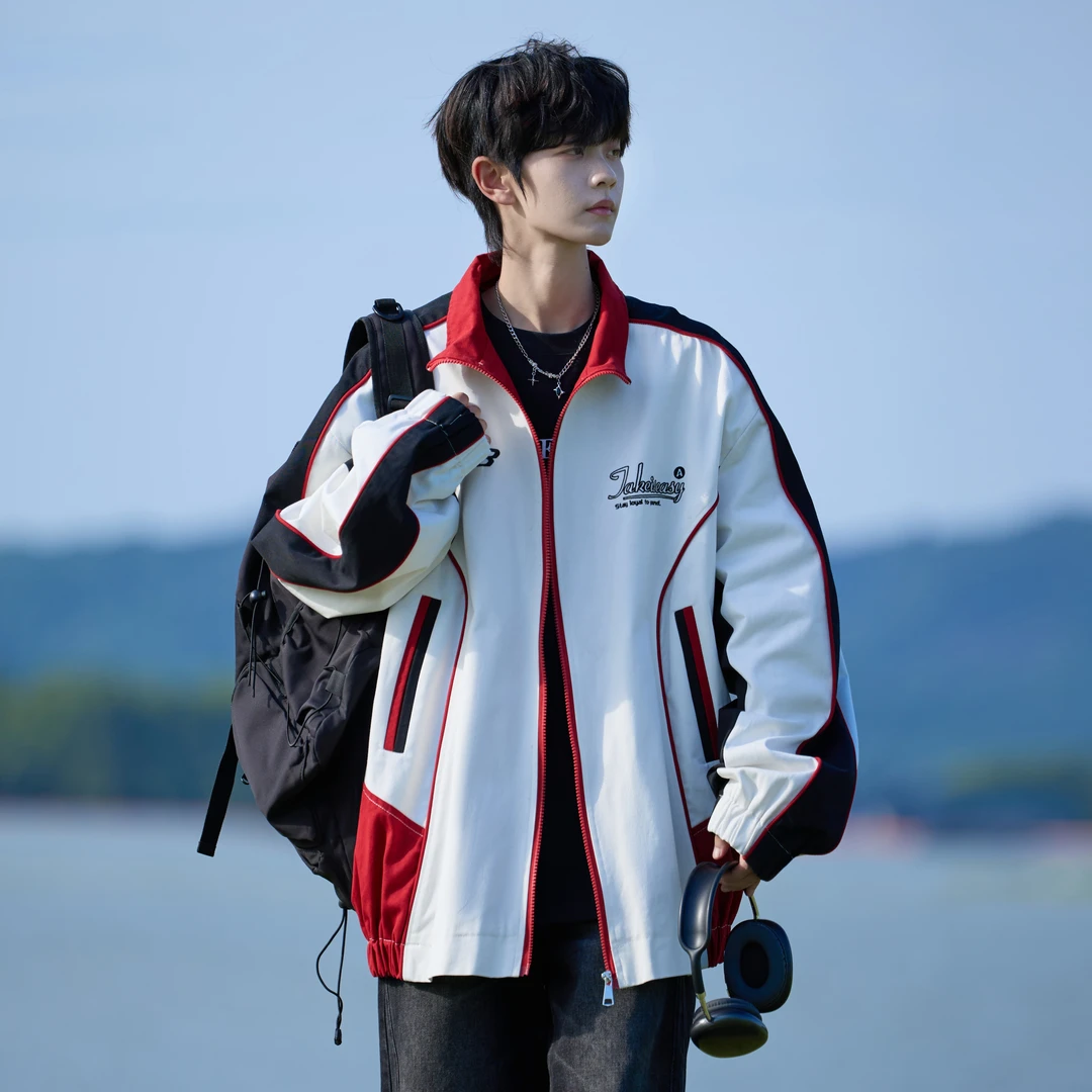 春秋美式复古撞色机车外套男高级感痞帅炸街潮牌飞行员夹克棒球服