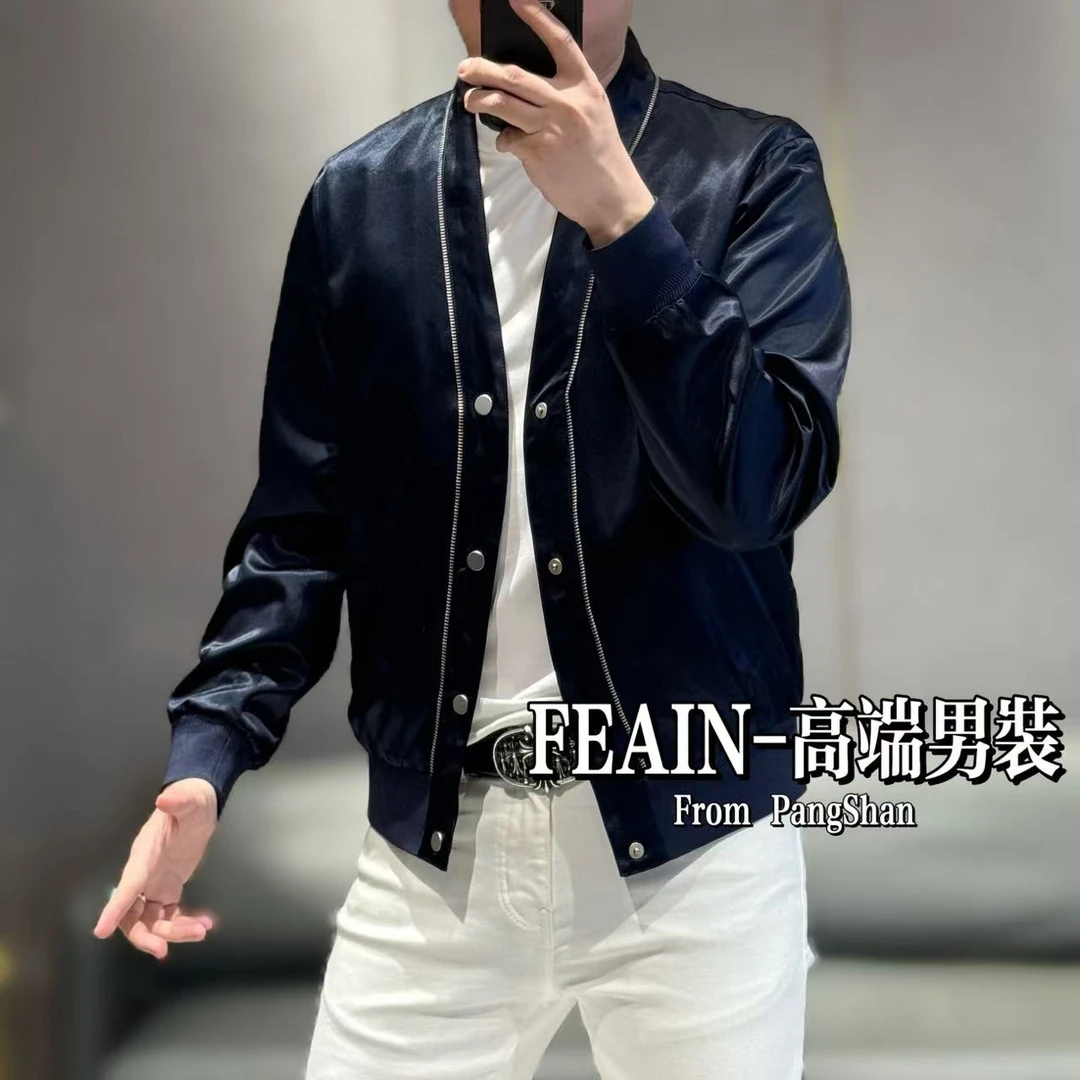 【100%真醋酸】高端男士青果领设计风格缠绕拉链春款休闲夹克5769