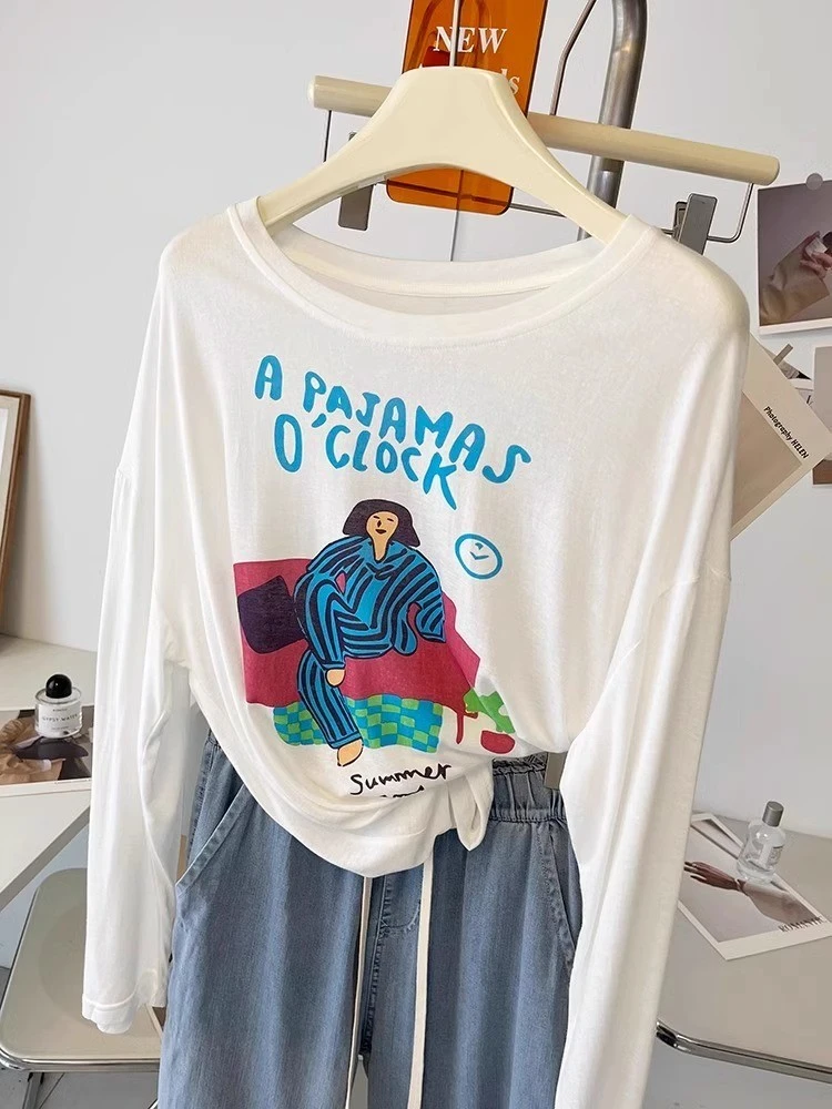 雪花棉薄款长袖防晒T恤女夏季新款卡通印花宽松百搭空调罩衫上衣