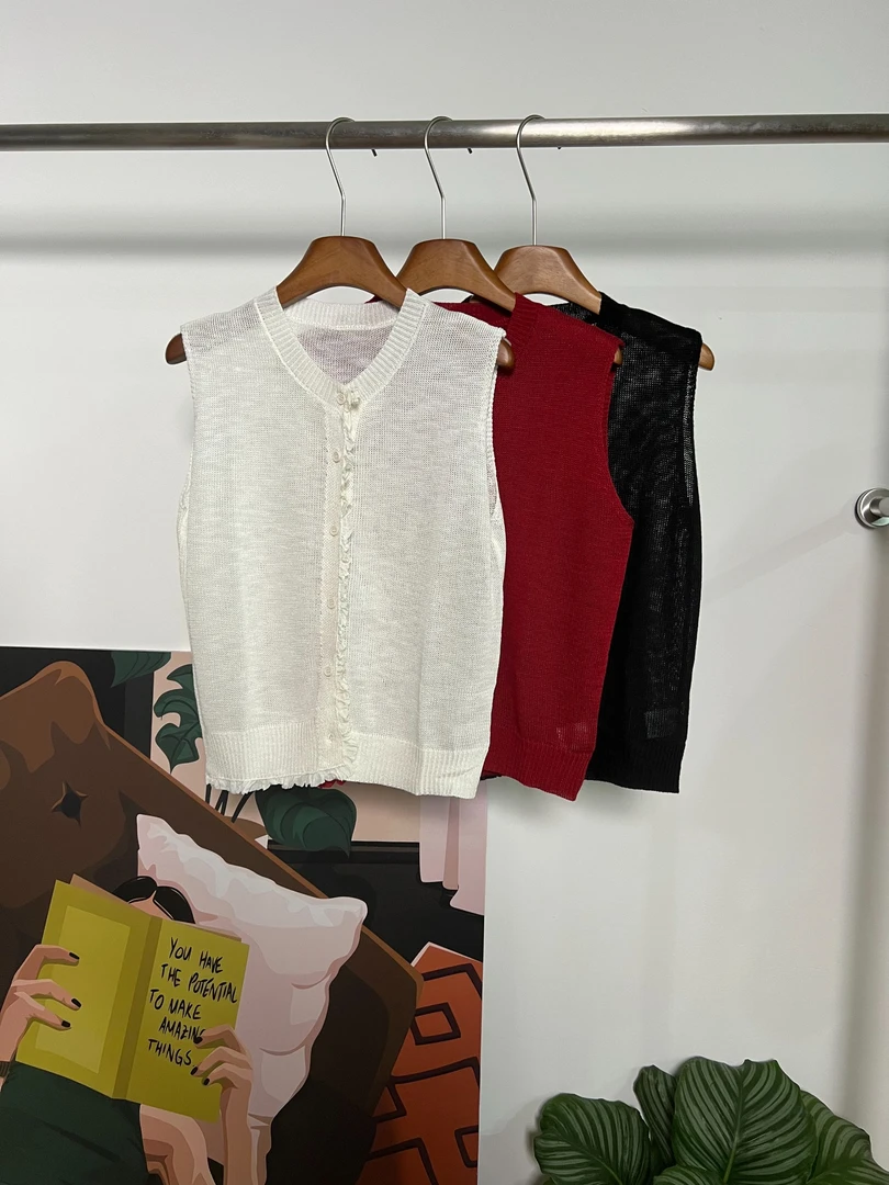 ZIZAI 针织亚麻法式木耳花边无袖背心