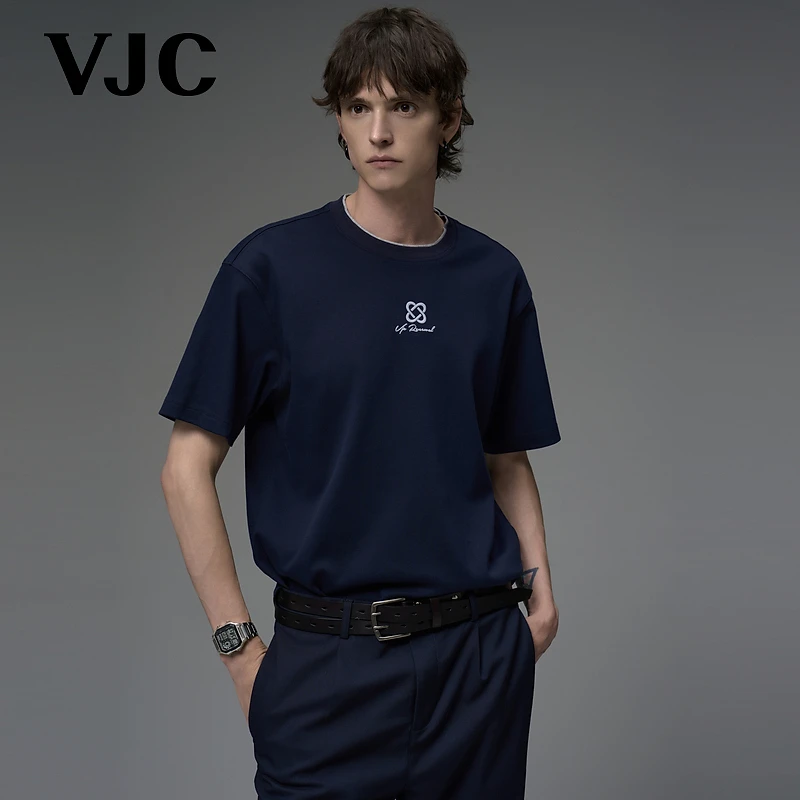 威杰思（VJC）2025秋新款男士时尚刺绣短袖T恤撞色双层领DBECA1779