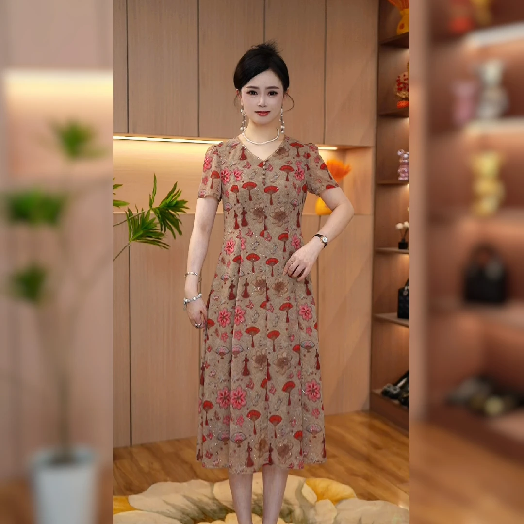 2025夏季新款连衣裙中长裙印花显瘦宽松长裙短袖款洋气
