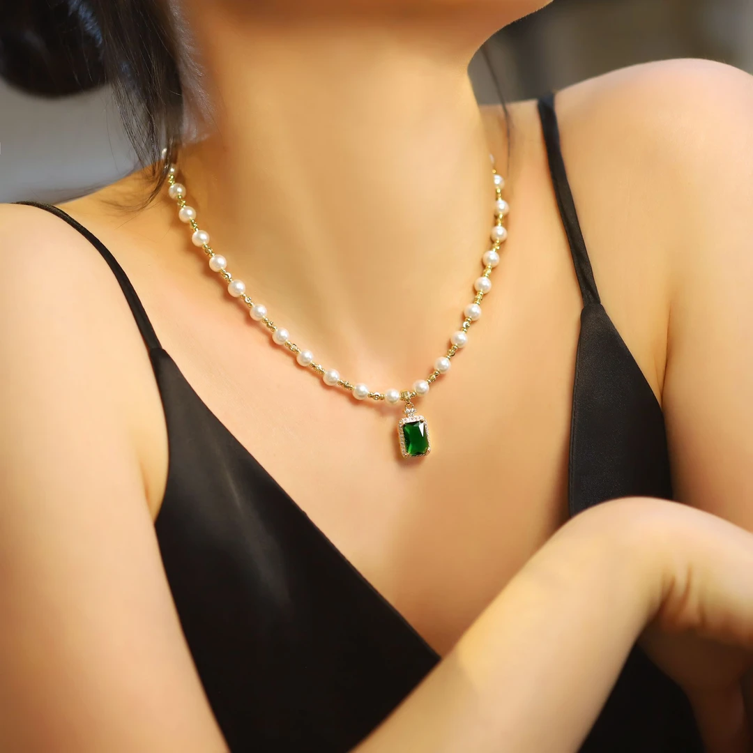 钛钢仿珍珠项链 【珠珠绿方块】轻奢百搭锁骨链气质项链首饰女款