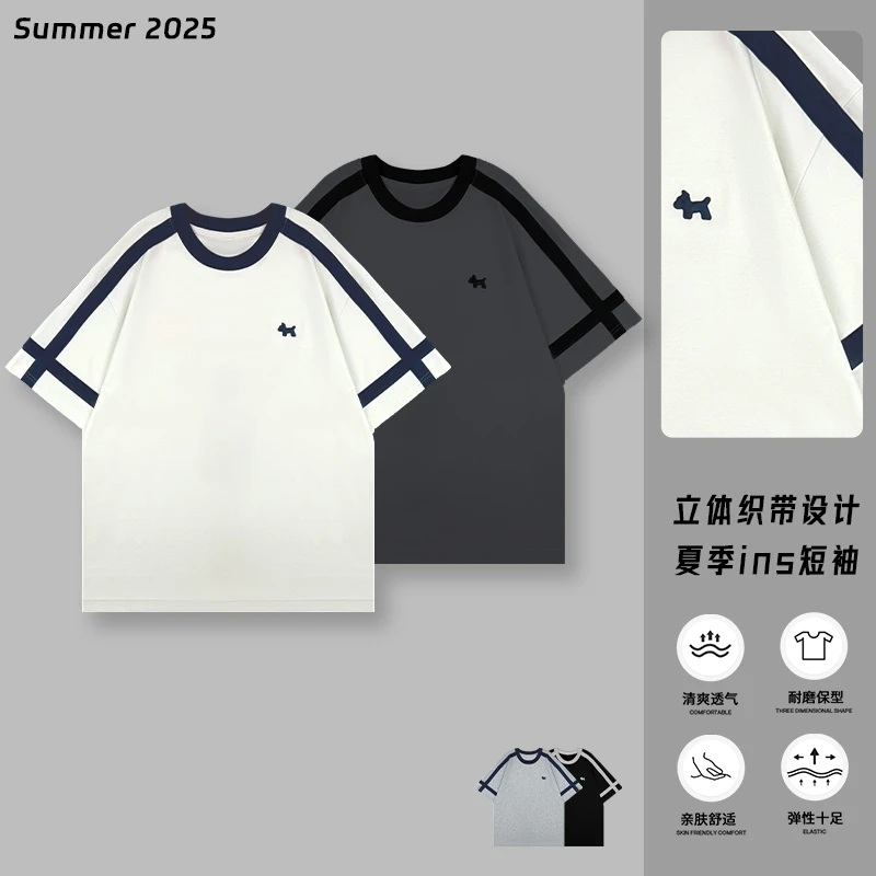 【简夏季新品刺绣织带撞色圆领短袖】时尚亲肤圆领短袖72227