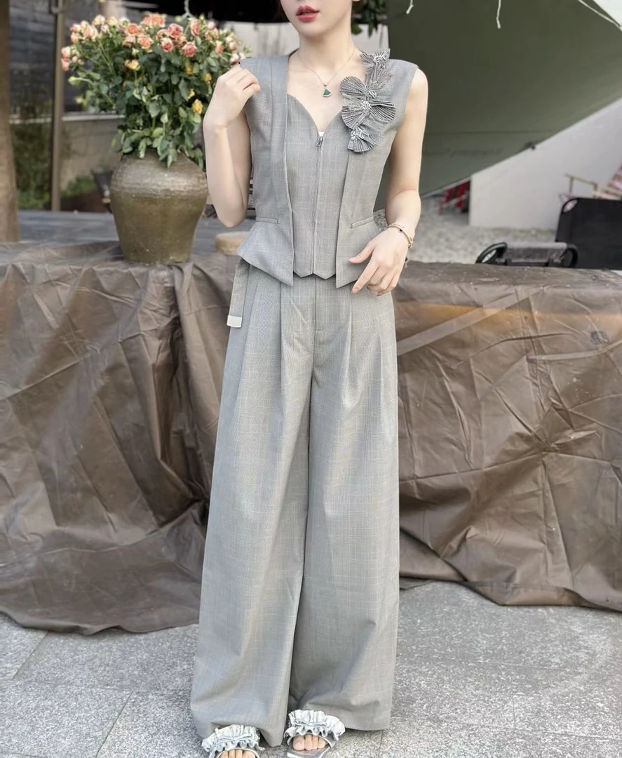 设计师品牌 高端格子烟云格仔阔腿裤