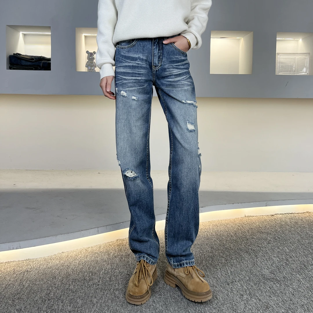 【逸潮】破洞美式复古潮流牛仔裤直筒男款女款宽松百搭1201裤子