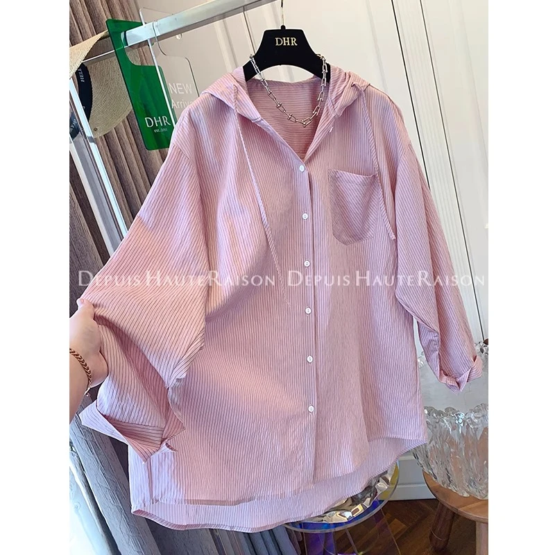 胖妹妹240斤大码超好看气质条纹连帽防晒衬衫女夏季宽松百搭上衣