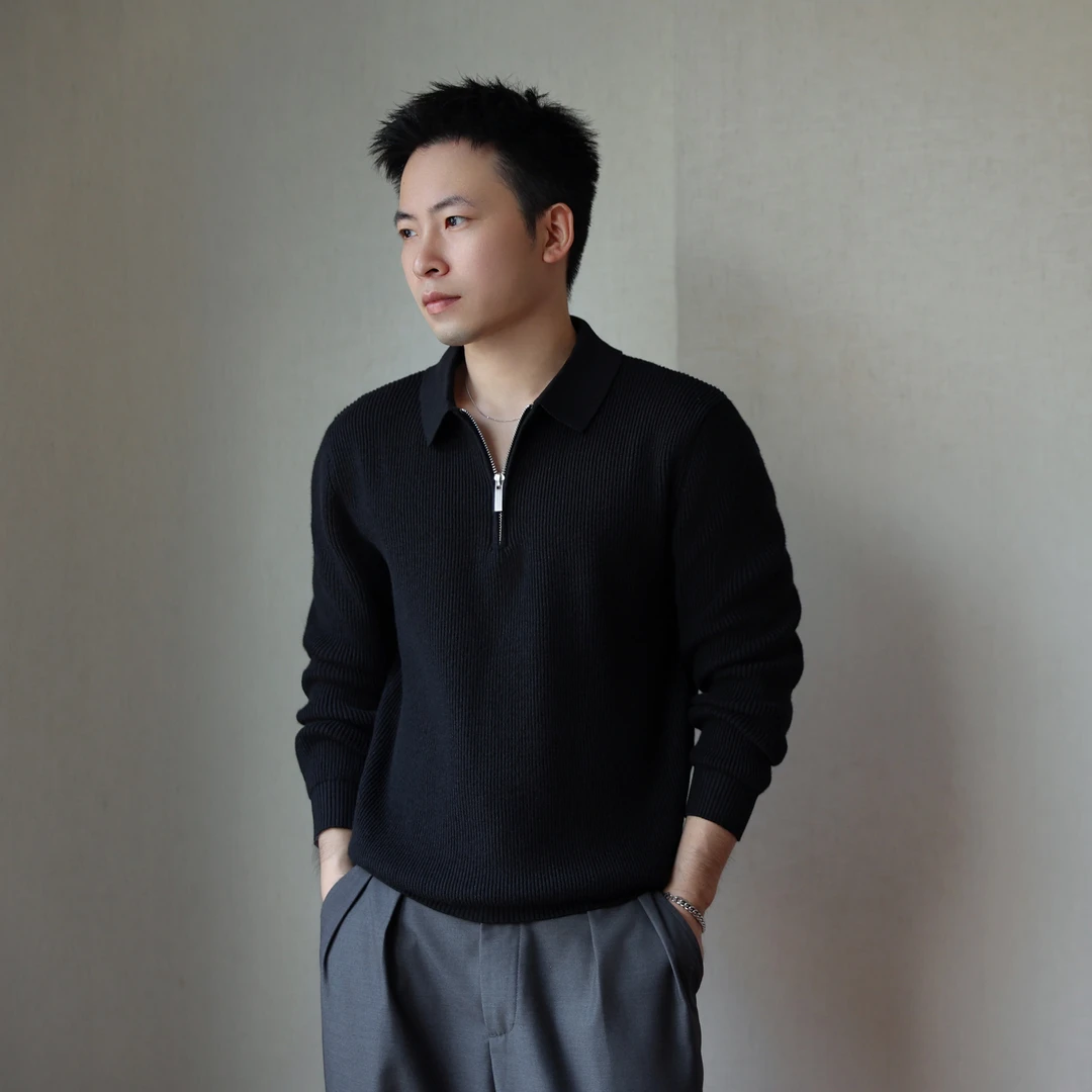 秋冬季翻领针织打底衫合身微宽松型长袖半拉链休闲简约男士毛衣