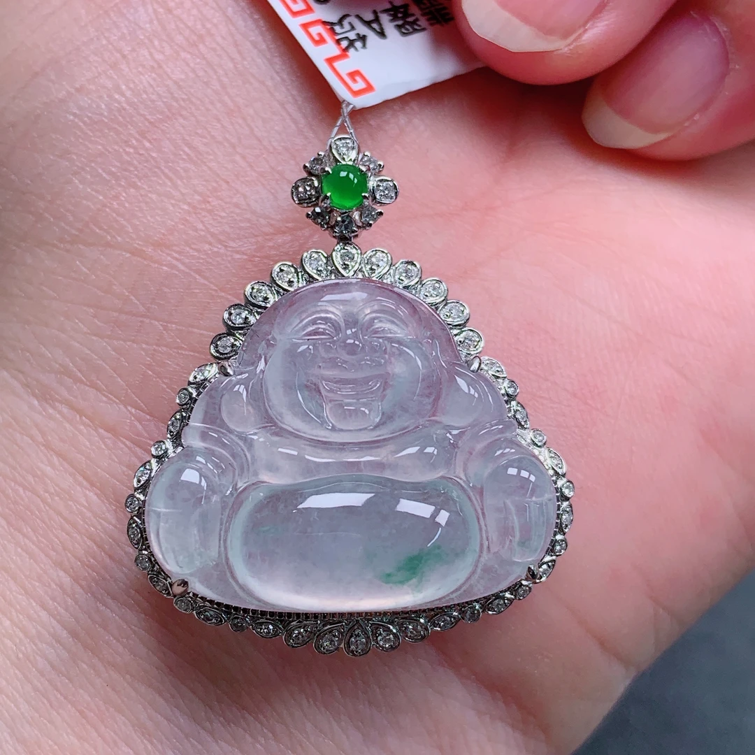 天然缅甸翡翠A货18k冰飘花佛公气质精美尺寸整体32.5+27.7+10  49