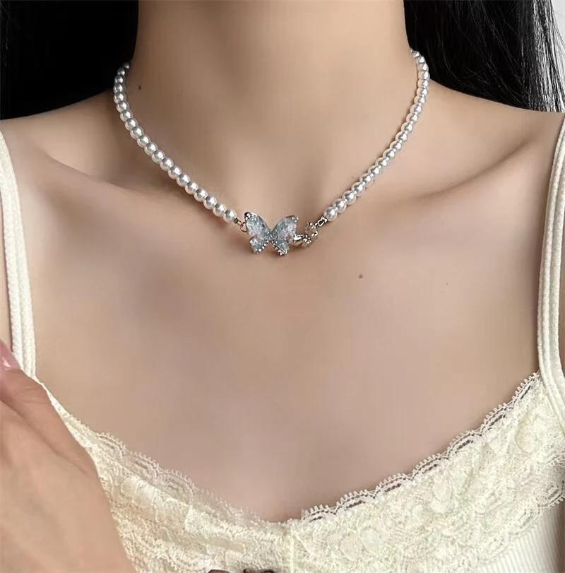 合金仿珍珠项链 蓝色蝴蝶珍珠项链女清冷感choker颈链轻奢小众ins