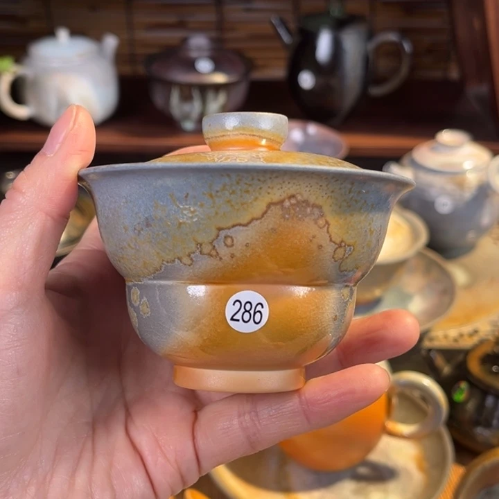 中白葫芦折腰盖碗 柴烧裸烧清简版